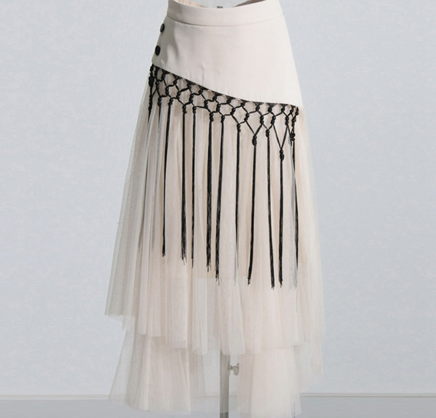 Retro Machine Embroidery Mid-high Waist Buckle Mesh Stitching Skirt