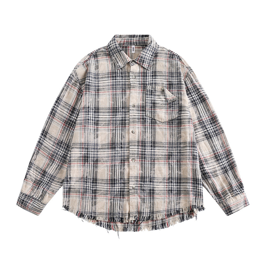 Plaid Shirt Men's Spring And Autumn American Retro Washed And Worn