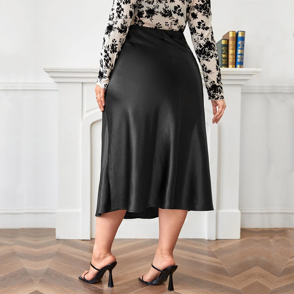 High Waist Zipper Large Hem Satin Satin Temperament Skirt