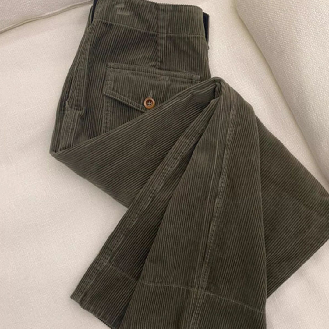 New Womens Dark Green High Waisted Slimming Corduroy Wide Leg Pants