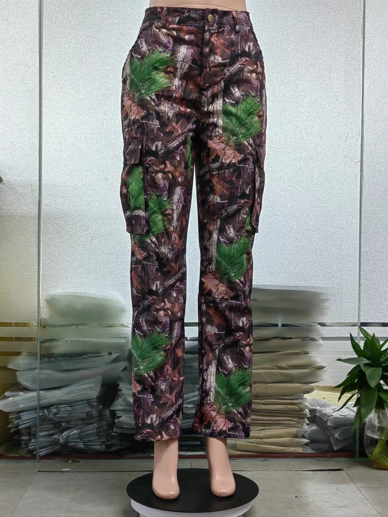 Leaf Print Straight High Waist Pocket Multi-color Overalls