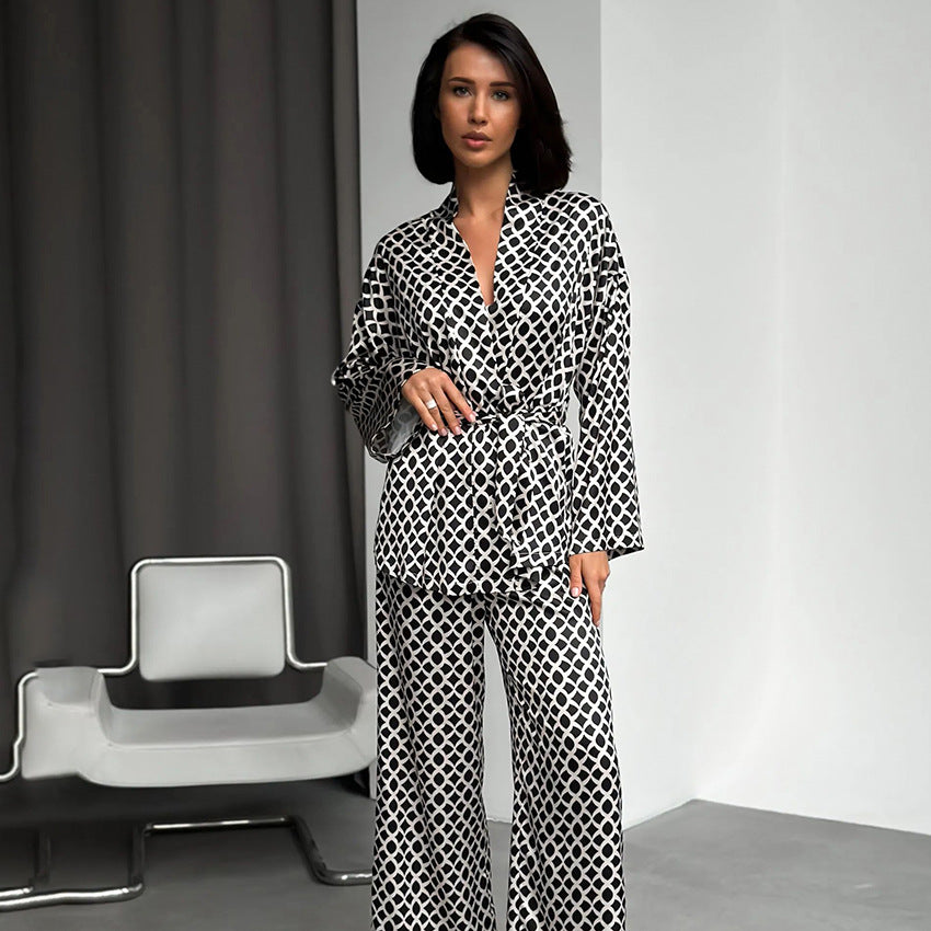 Womens Autumn Printed Imitation Silk Loose Comfortable And Breathable Long-Sleeve Pants Loungewear Set