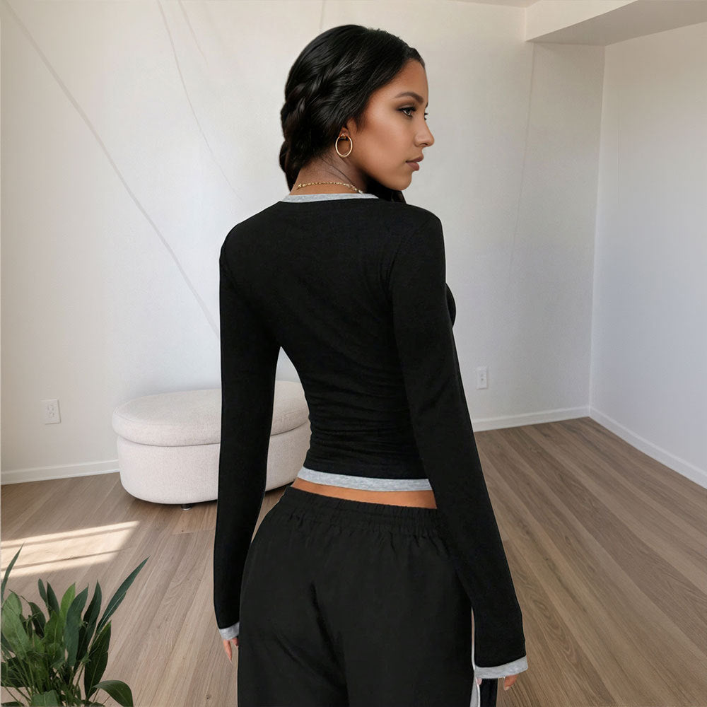Women's Slim-fit Long-sleeve Color-blocked T-shirt