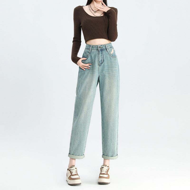 Ladies New Cropped High Waist Baggy Pants