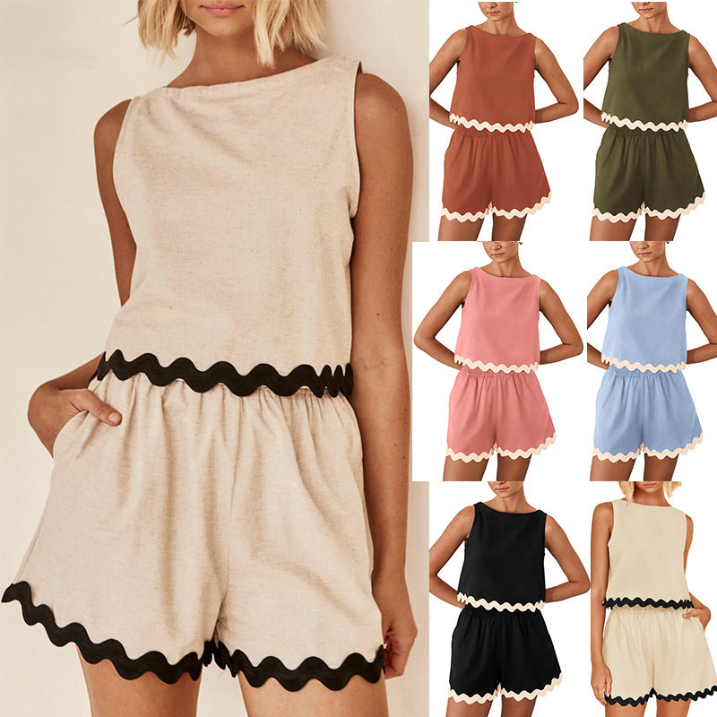 Summer Two-Piece Set Linen Lace-trimmed Crew-neck Tank Top And Short Pants