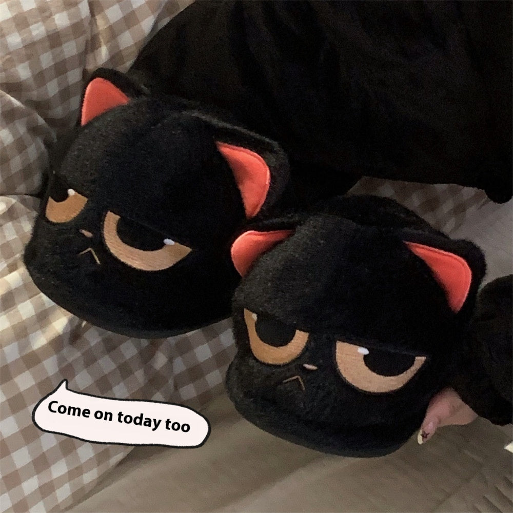 Cute Couple Angry Little Black Cat Fur Men And Women Thermal Cotton Slippers