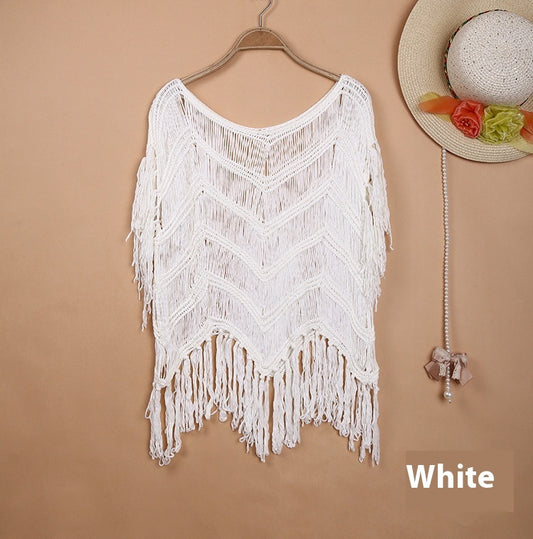 Bohemian Beach Cover-up Hollow Hand Crocheting Tassel Patchwork Top