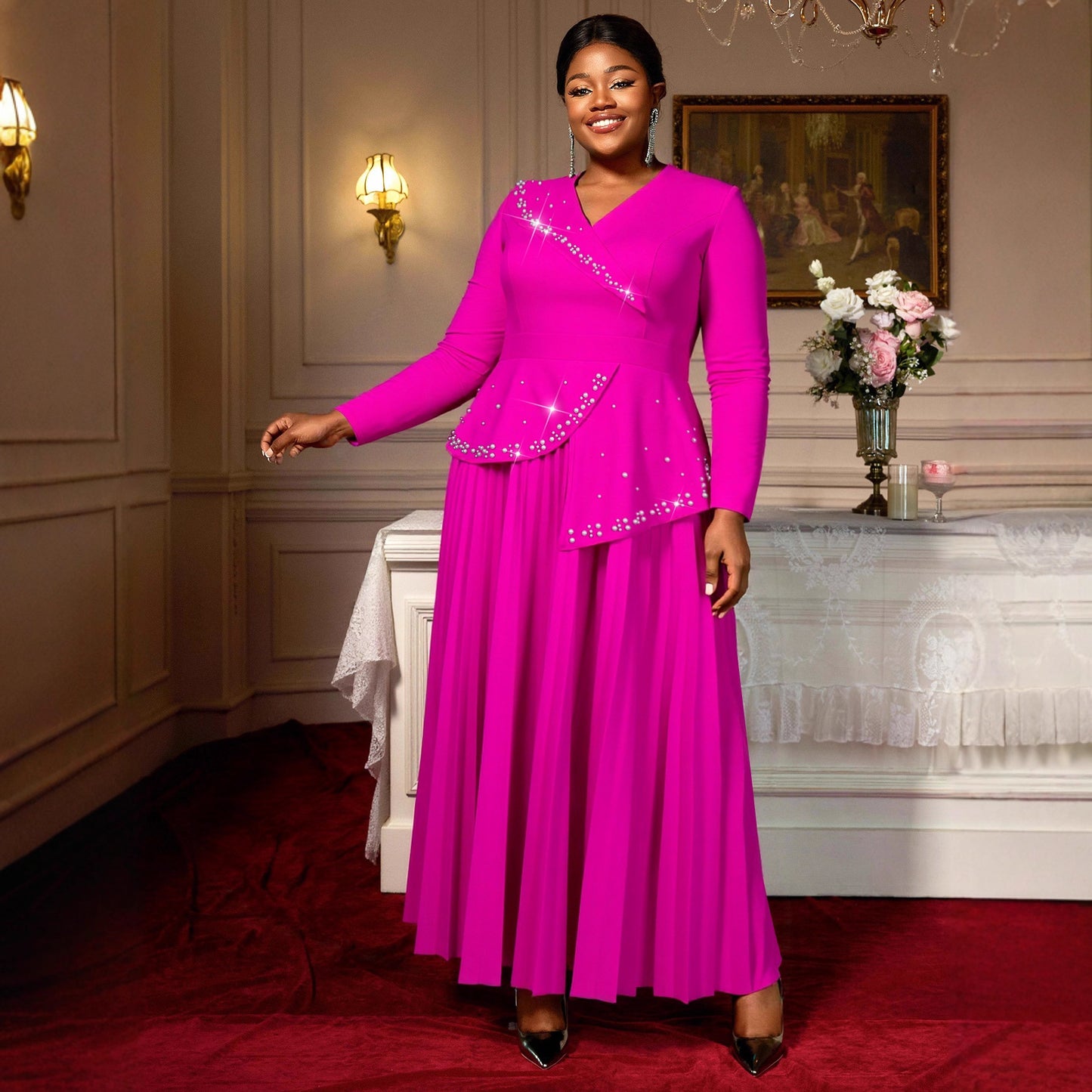 Womens Mandarin-collar Rose-red Beaded Dress