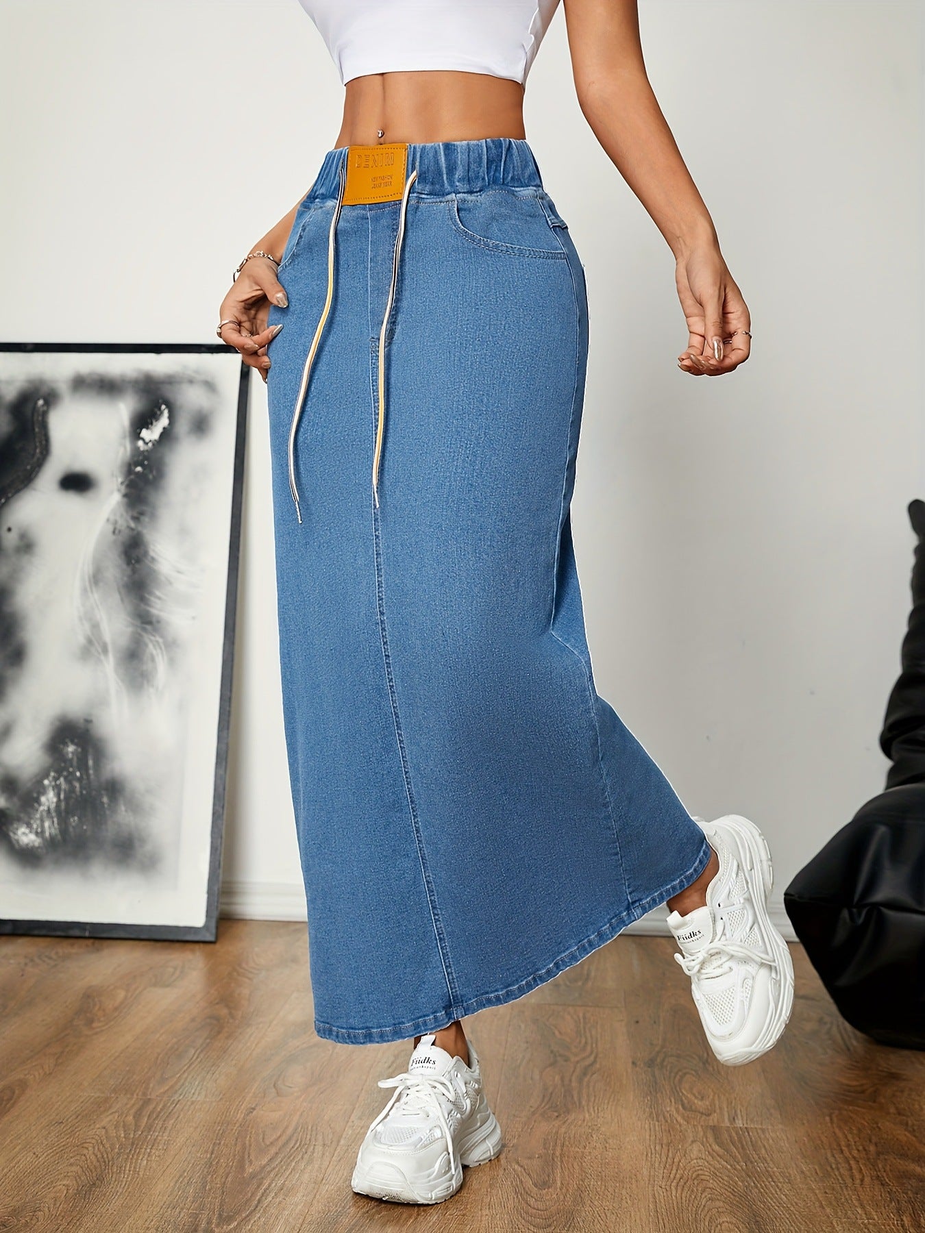 Womens A-line Denim Skirt With A Drawstring Waist For A Snug Or Loose Fit