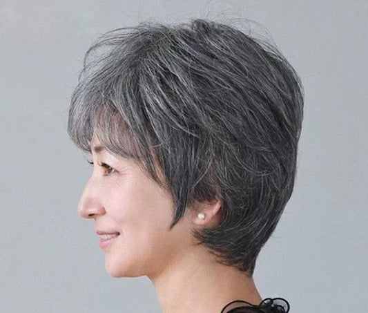 Women's Flower White Short Straight Top Old Flower White Mixed Human Hair Wigs