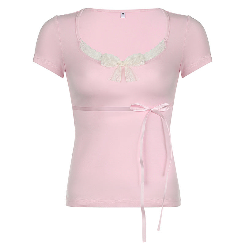 Pure Desire Girl Lace Stitching Satin Lace Design T-shirt Sweet All-matching Square-neck Cinched Bow Top