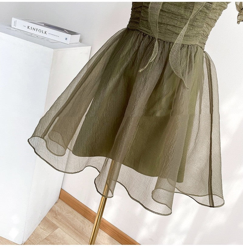 French Smoke Grey Green Square Neck Tea Break Skirt
