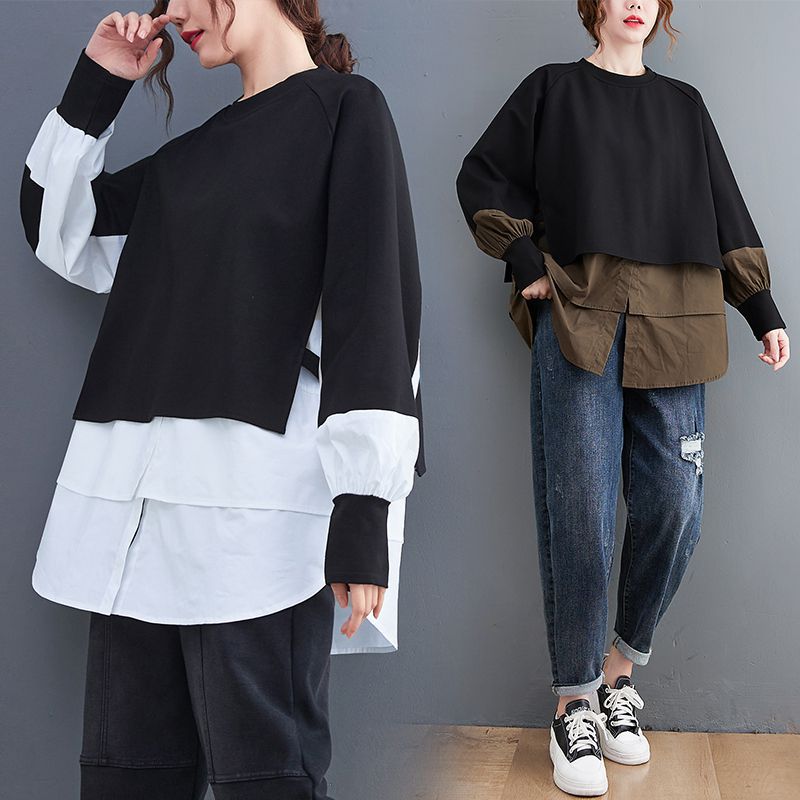Efterår Og Vinter Ny Fake Todelt Kontrastfarvet Stikning Sweatshirt