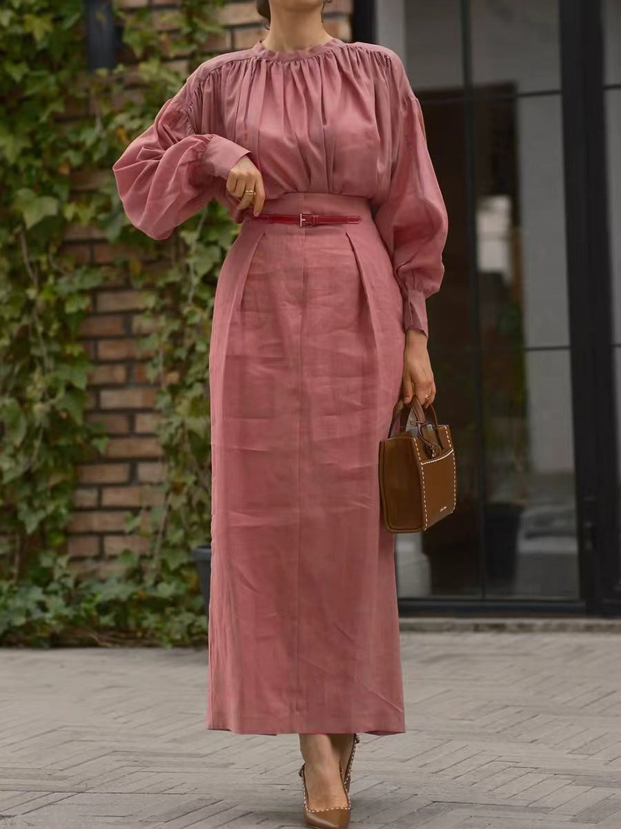 Elegant French-style Long-sleeve Solid-color Shirt For Independent Online Stores Long Skirt