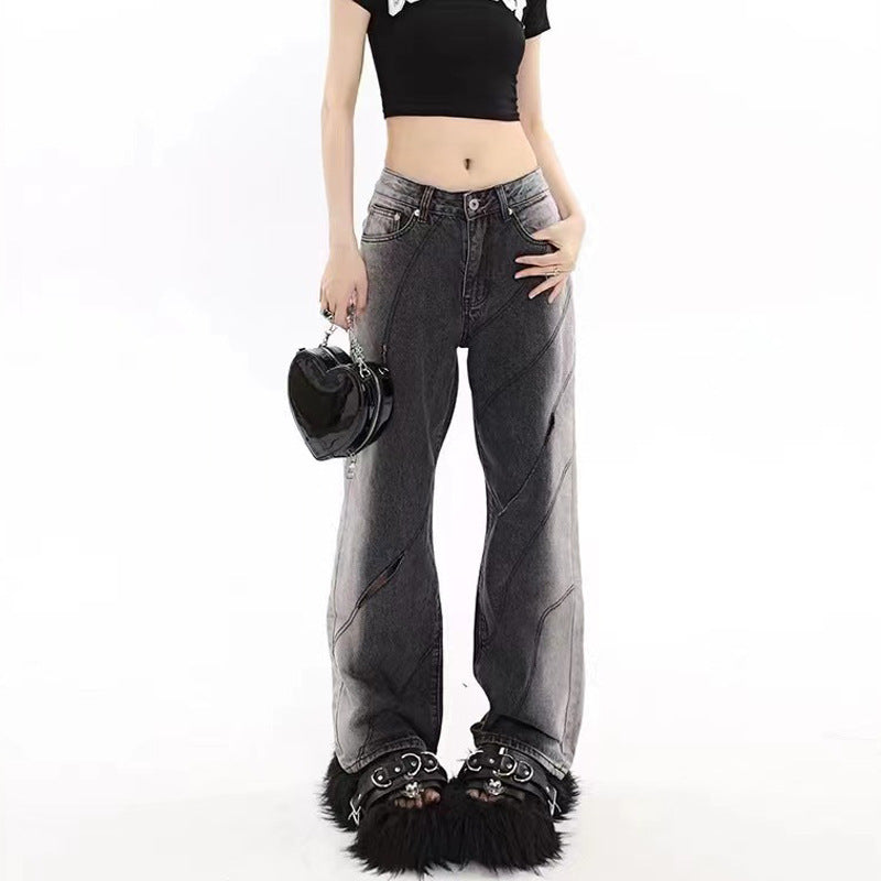 Chaopai Worn-out Hole Straight High Waist Denim Casual Pants