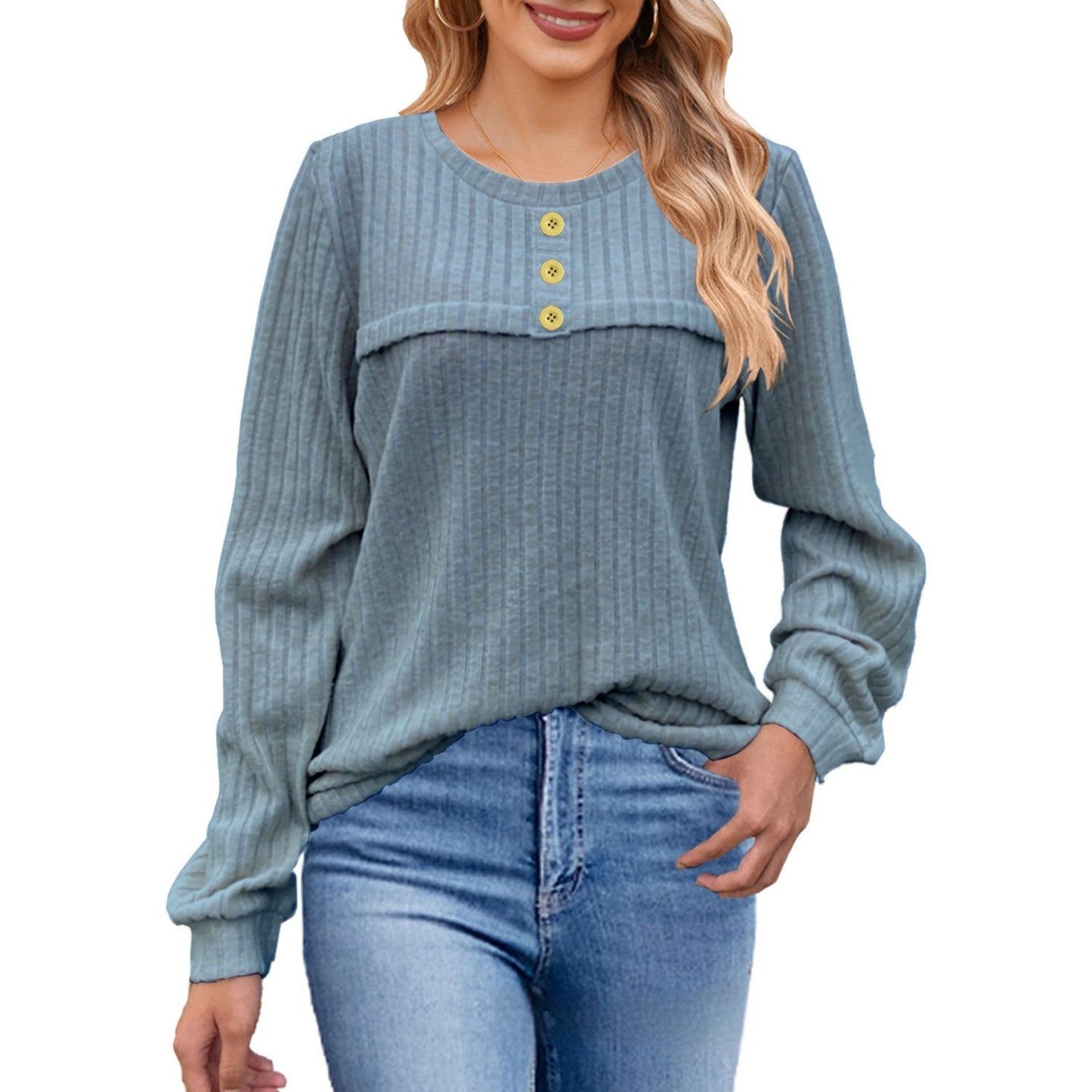 European And American Autumn And Winter Brushed Sunken Stripe Button Long-sleeved T-shirt Casual