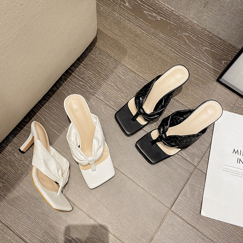 New Flip Toe Square Toe Herringbone Stiletto High Heel Sandals