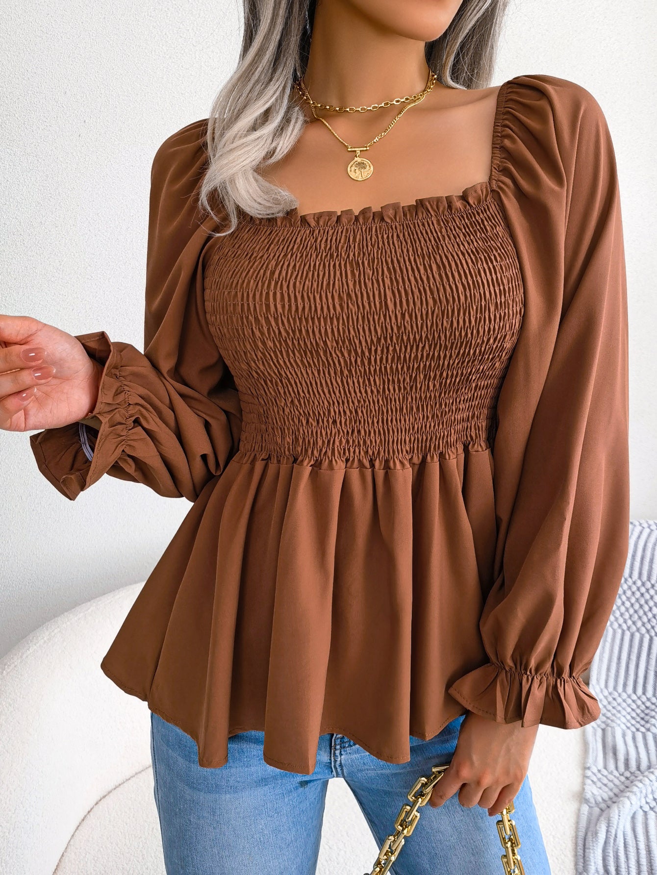 Women's Casual Ruffle Trim Square Neck Long Sleeve Chiffon Top