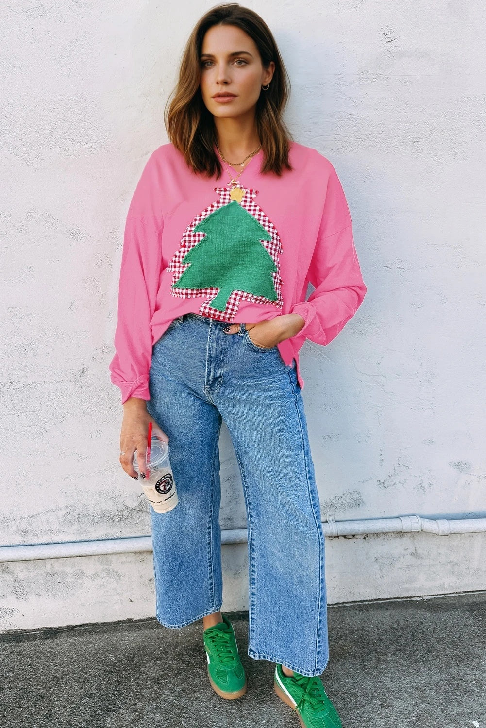 Dame juletræslappet off-shoulder sweater