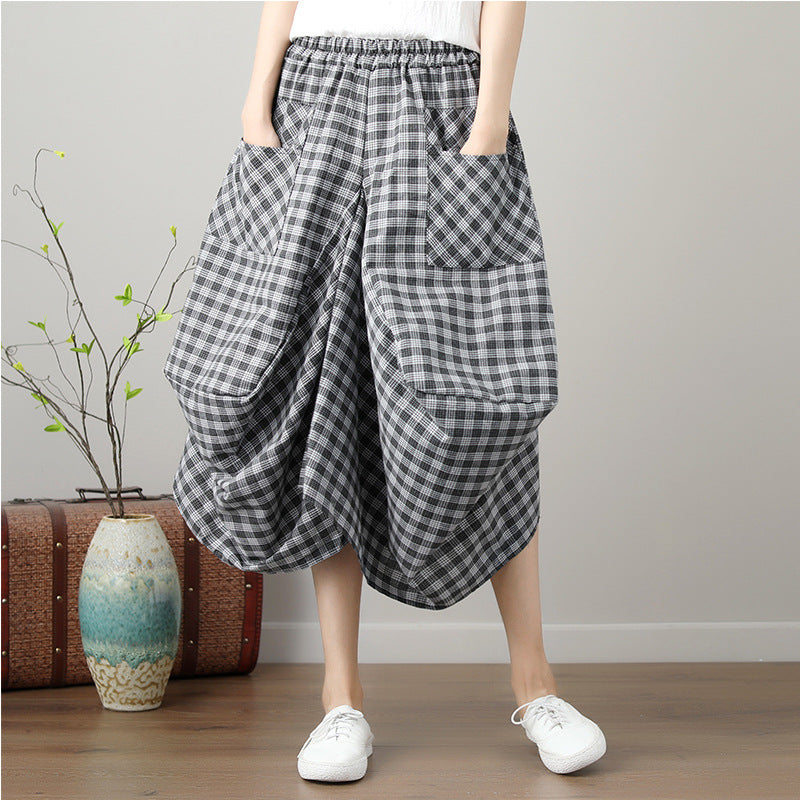 Loose Cotton Linen Plaid Elastic Waist Lantern Skirt