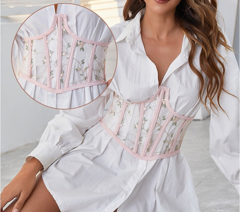 Fashion Girdle Female Embroidered Elastic Mesh Hollow Belt
