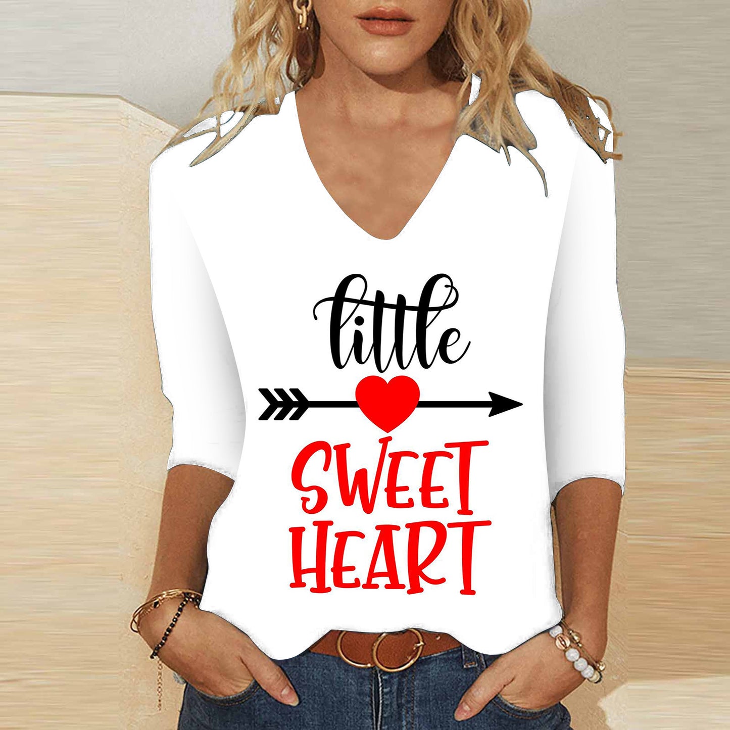 3D digitaltryk Valentinsdag Hjerteprint Kvinders søde afslappede løse V-hals 3/4-ærmet T-shirt