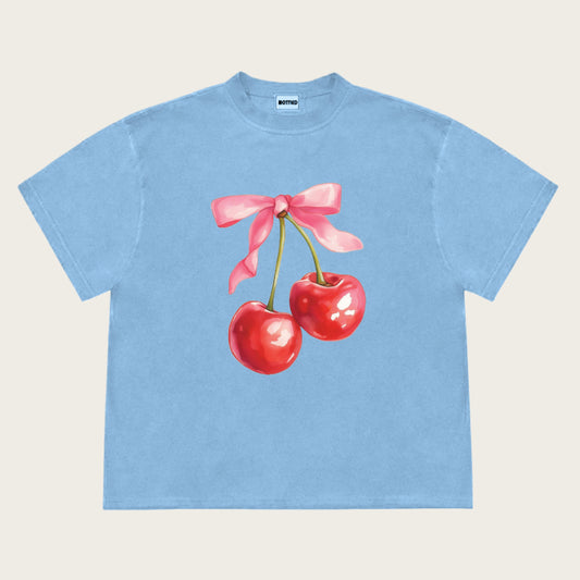Cherry Bow Print Women's Vintage T-shirt