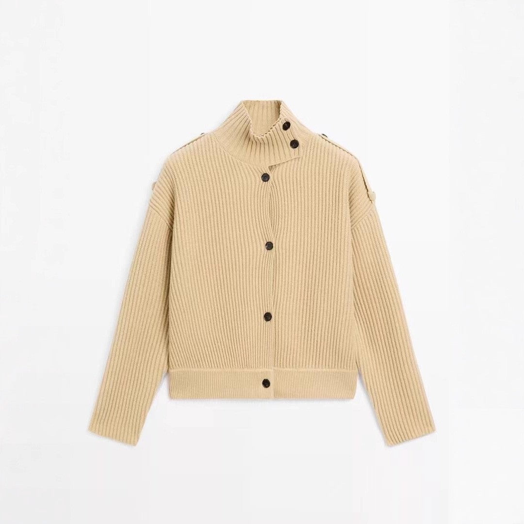 Fashionable Single-Breasted Chunky-Knit Turtleneck Cardigan Sweater