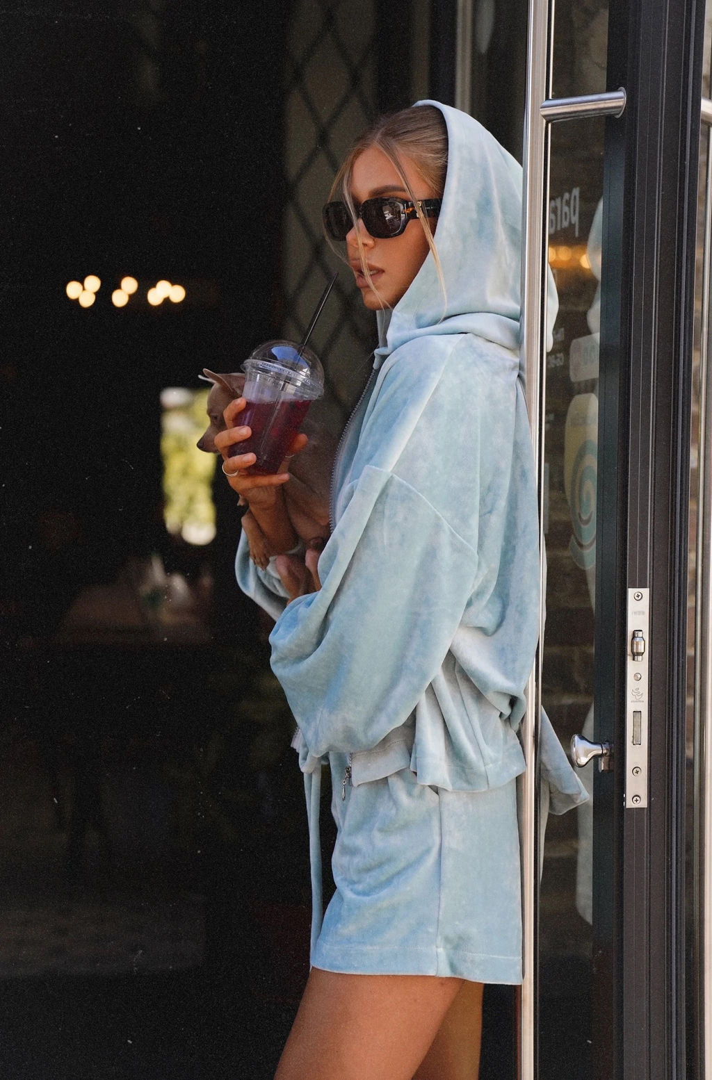 Womens Hooded Plush Sweatshirt And Shorts Set