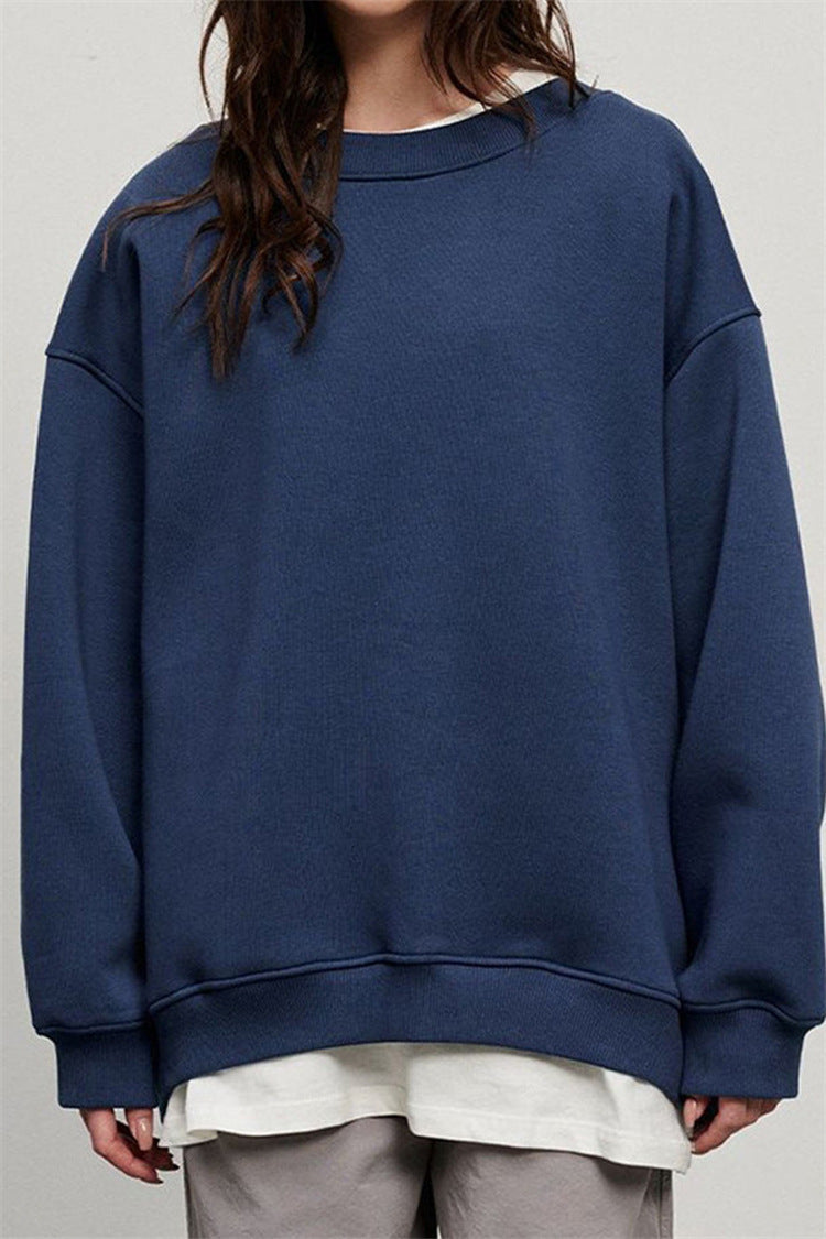 Solid-color Crew-neck Loose-fitting Pullover Hoodie