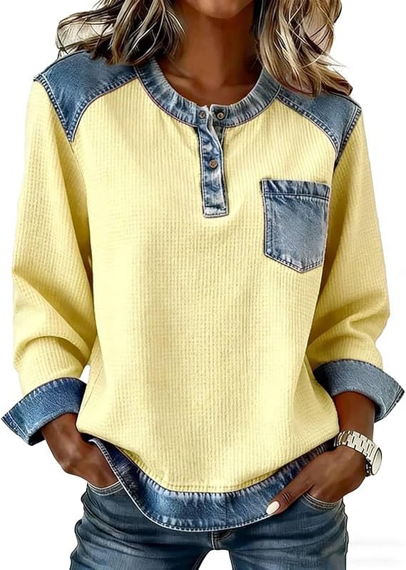 Patchwork Button Pocket Long Sleeved Round Neck Top