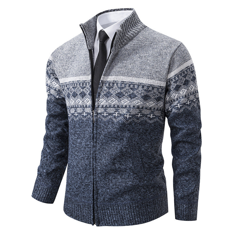 Men's Casual Stand-collar Sweater Coat With Fleece Lining And Color-blocking Design