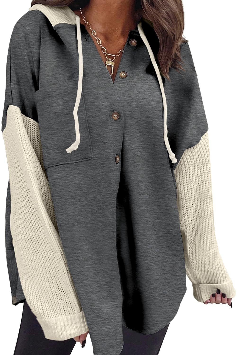 Women's Loose Long Sleeve Button Hooded Sweatshirt