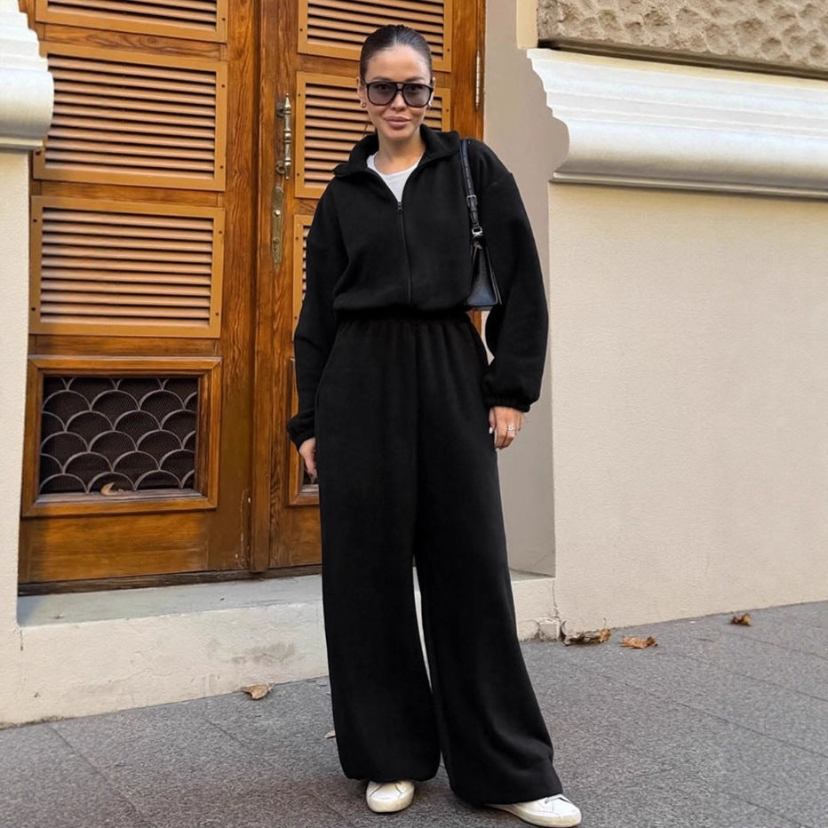 European And American Street Casual White Polar Fleece Jumpsuit