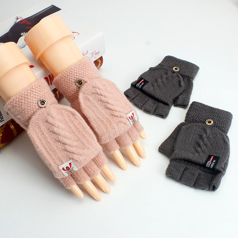 Thin Woolen Knitted Solid Color Clamshell Half-Finger Gloves