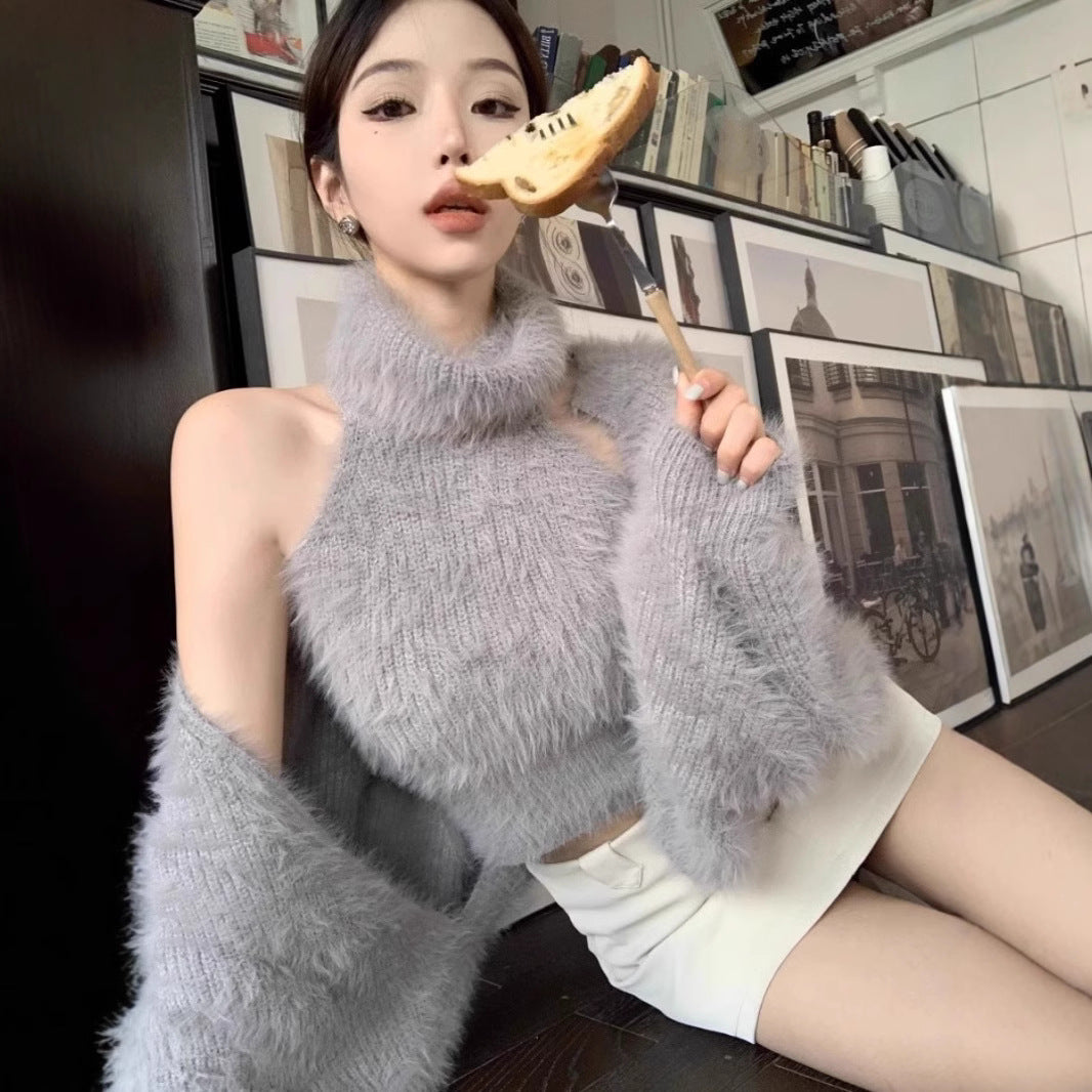 Mink Fur Halter Pure Sweet Hot Girl Sweater Vest Suit