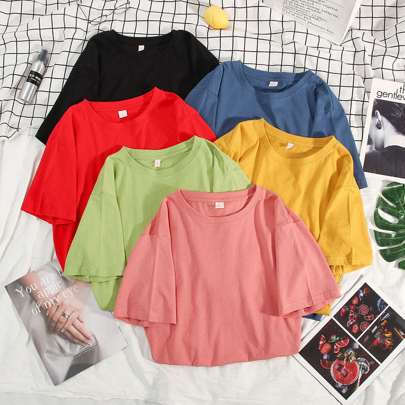 Women's Loose Solid Color Cotton Round Neck