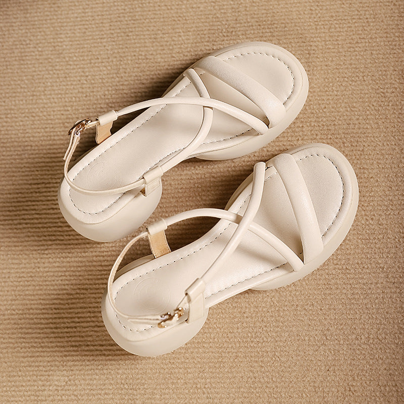Round Head Chunky Heel Fashion Thin Strap Woven Sandals