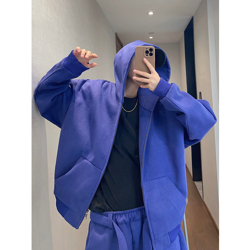 Retro Easy Matching Loose Blue Hooded Jacket Zipper Short Coat For Men