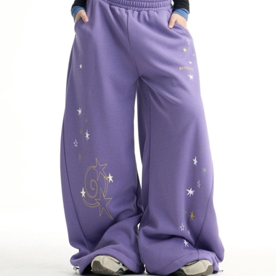 Womens Retro Star Drawstring Wide-Leg Sweatpants