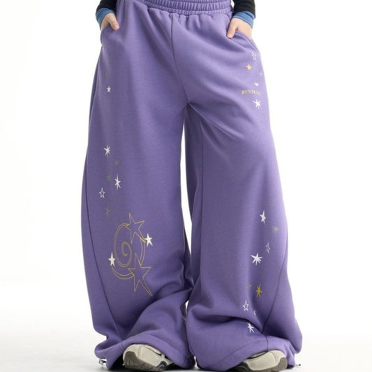 Womens Retro Star Drawstring Wide-Leg Sweatpants