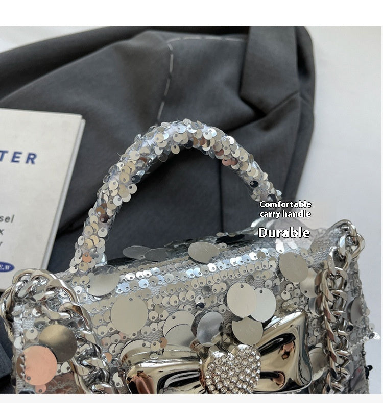 Women's Fashionable Sequins Shoulder Chain Bow Small Square Bag