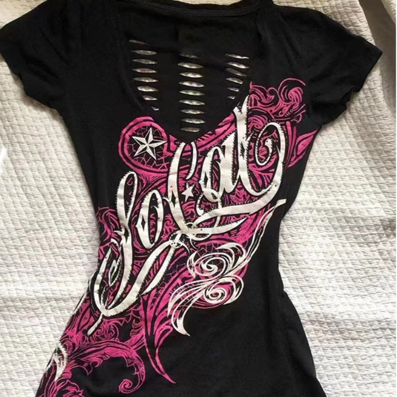 Summer Retro Black Womens T-Shirt With Ripped Back Style
