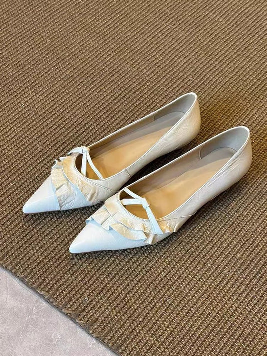 French Style Flats For Women, Pointed Toe Low Wedge Heel Elegant Versatile Bow Mary Jane Shoes