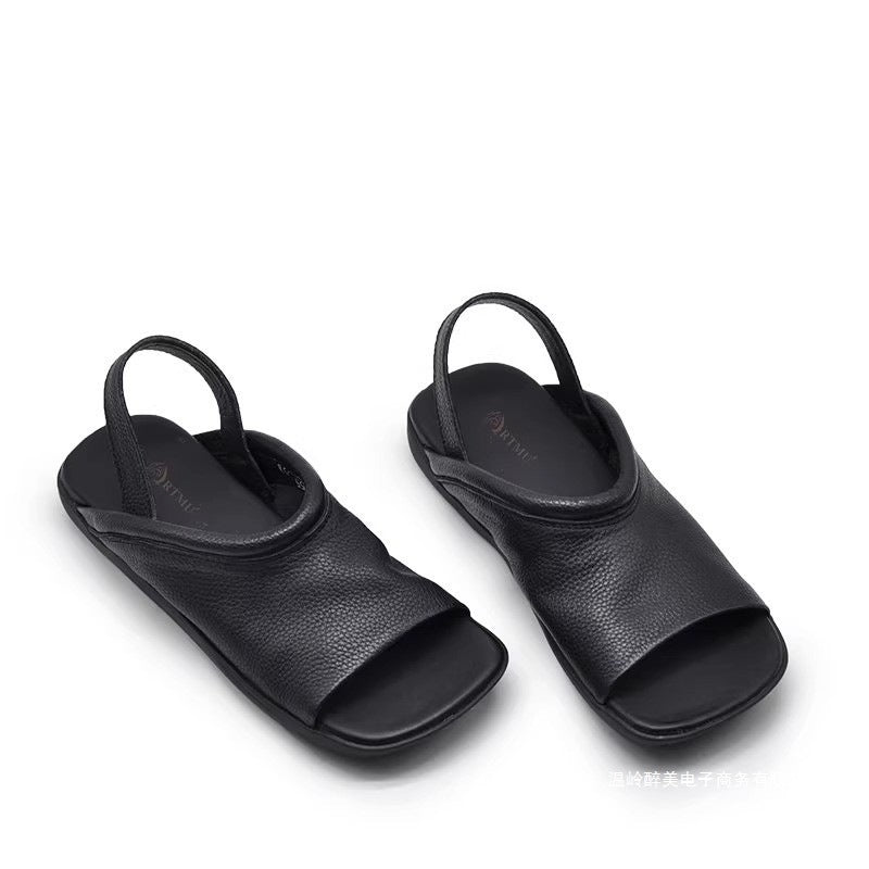 Soft-leather Square-toe Flat-heeled Womens Open-toe Roman-style All-match Beach Sandals For Outdoor Wear