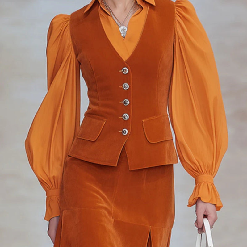 Fashionable Retro Long-sleeved Chiffon Orange Velvet Shirt And Skirt Set