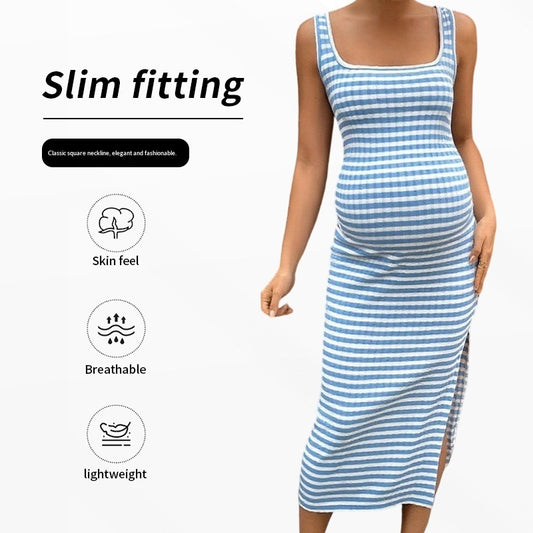 Summer Slim-fit Square-neck Striped Dress