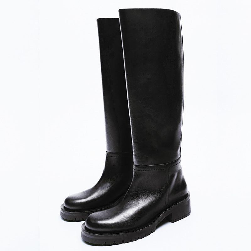 Leather Flat Round Toe Sand Brown Below The Knee High Leg Boots