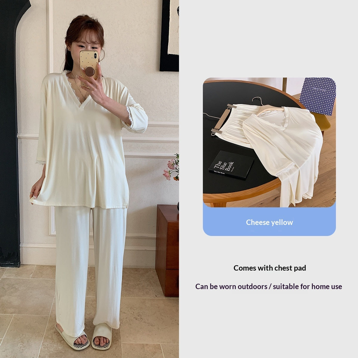 Spring Summer V-Neck Pajama Set With Chest Pads Lace Luxurious Feel Comfortable And Skin-Friendly Loungewear