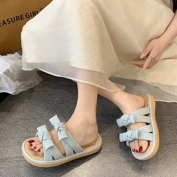 Women's High-end Platform Slide Sandals, New Summer Fairy Style Bow One-band Slippers, Elegant Beach Sandals For Dresses